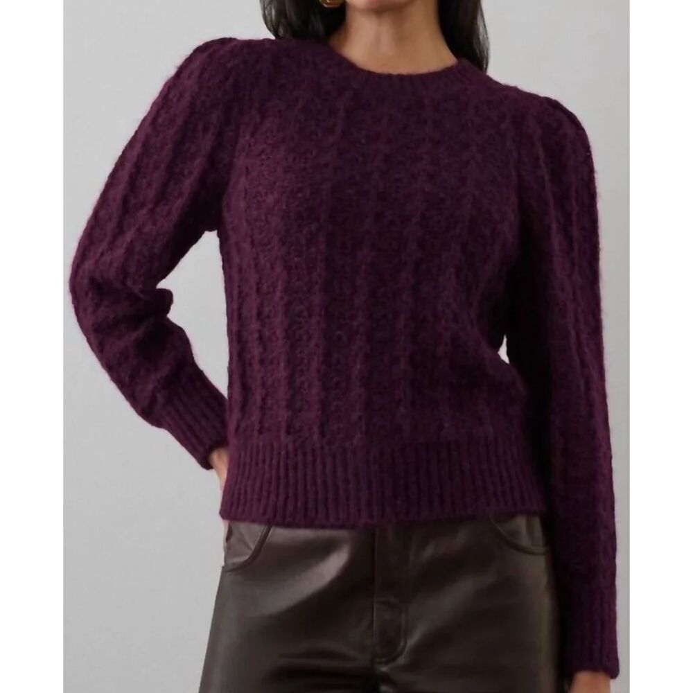 White + Warren Plush Pointelle Puff Sleeve Crewneck Sweater Black Cherry Size S